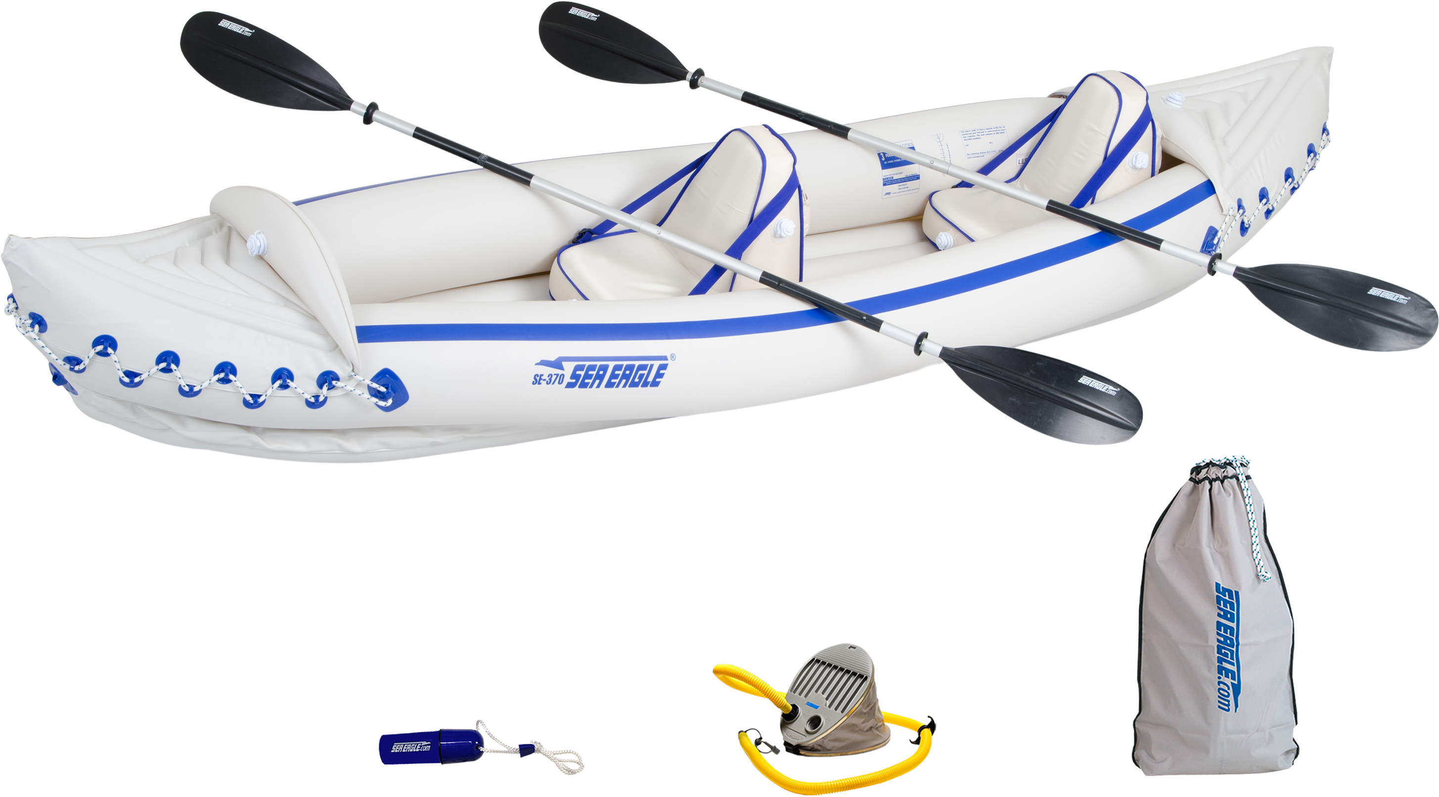 Sea Eagle 370 Inflatable Portable Sport Kayak Canoe 3 Person Pro Package With Paddles White Blue New