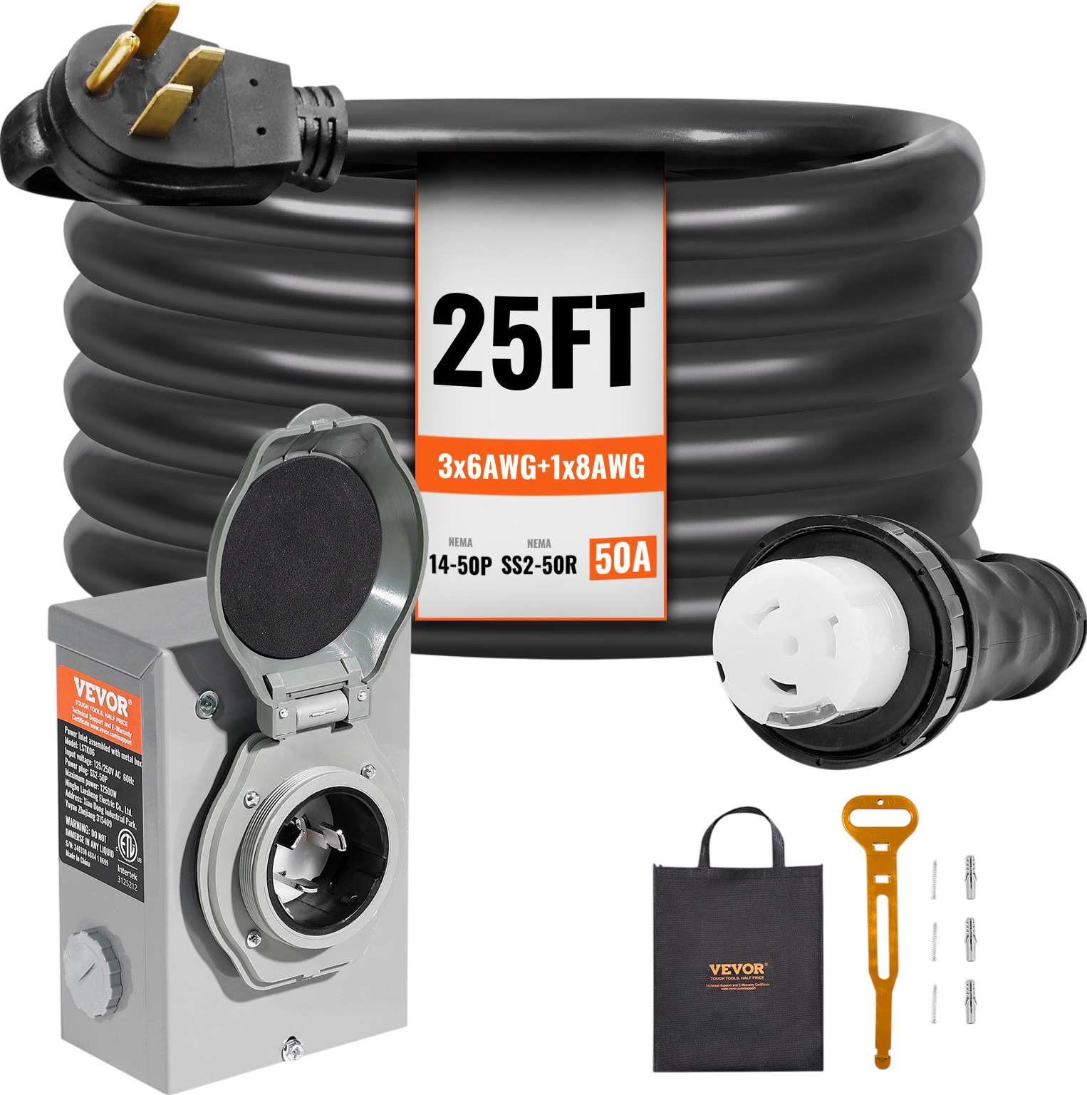 Vevor Generator Cord and Power Inlet Box Kit 50 Amp 25FT NEMA 14-50P/SS2-50R w/ Twist Lock Connector New