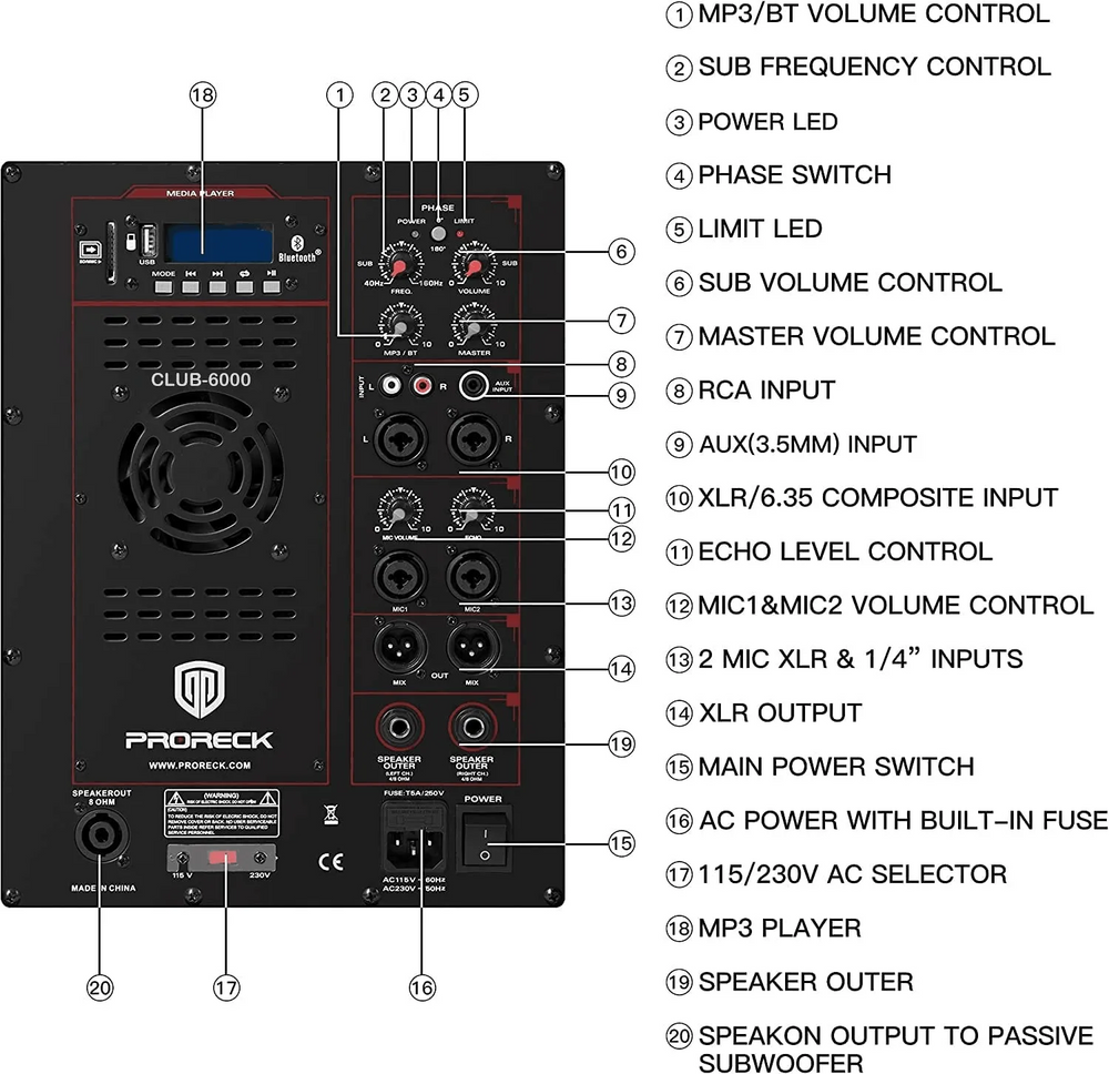 Proreck CLUB-6000 PA Speaker System 6000W Combo 4 Line Array Speakers and 15" Subwoofer with Bluetooth and Remote New