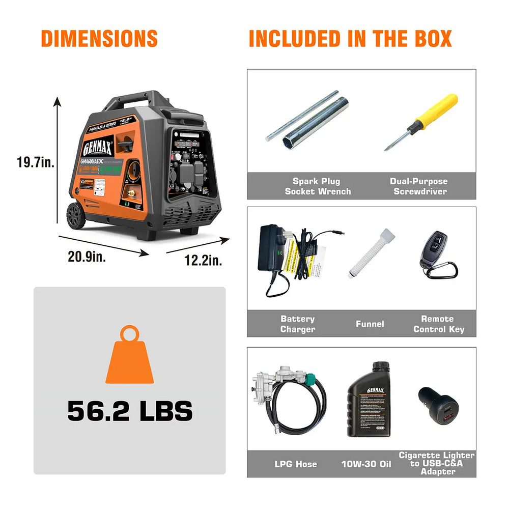 GENMAX GM4600iAEDC 3800W/4600W Generator Dual Fuel Inverter CO Alert Remote Start New