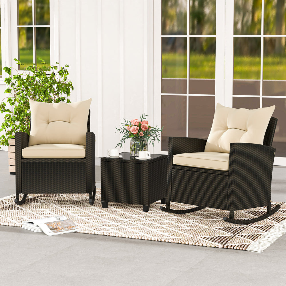 Costway Rattan Rocker Chairs with Tempered Glass Table and Soft Cushions New