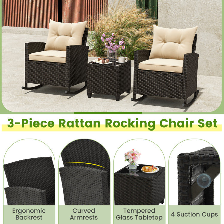 Costway Rattan Rocker Chairs with Tempered Glass Table and Soft Cushions New