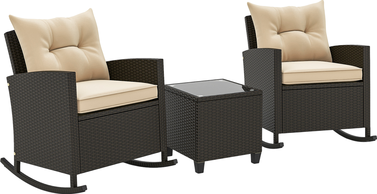 Costway Rattan Rocker Chairs with Tempered Glass Table and Soft Cushions New