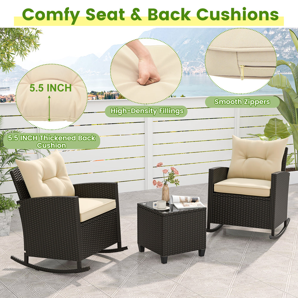 Costway Rattan Rocker Chairs with Tempered Glass Table and Soft Cushions New