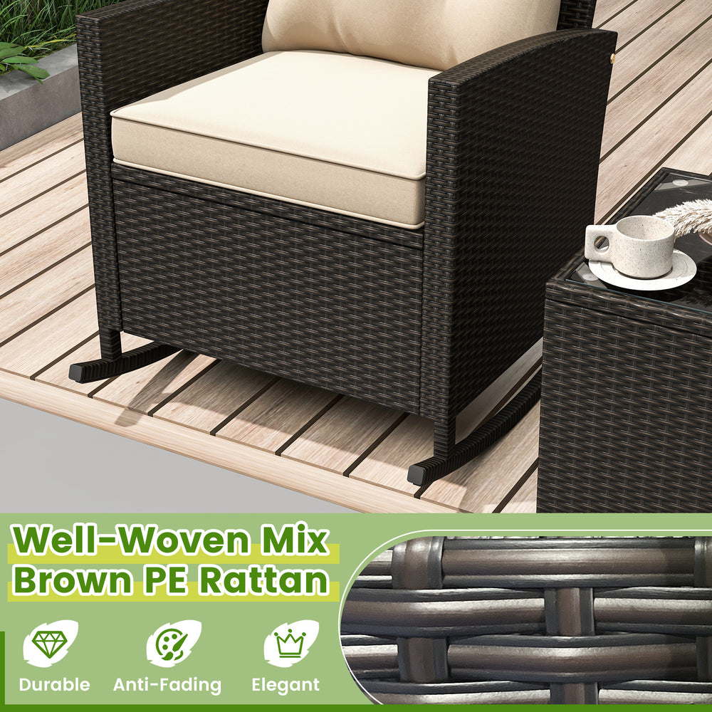 Costway Rattan Rocker Chairs with Tempered Glass Table and Soft Cushions New