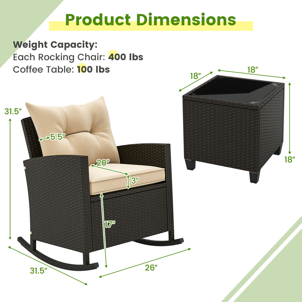 Costway Rattan Rocker Chairs with Tempered Glass Table and Soft Cushions New