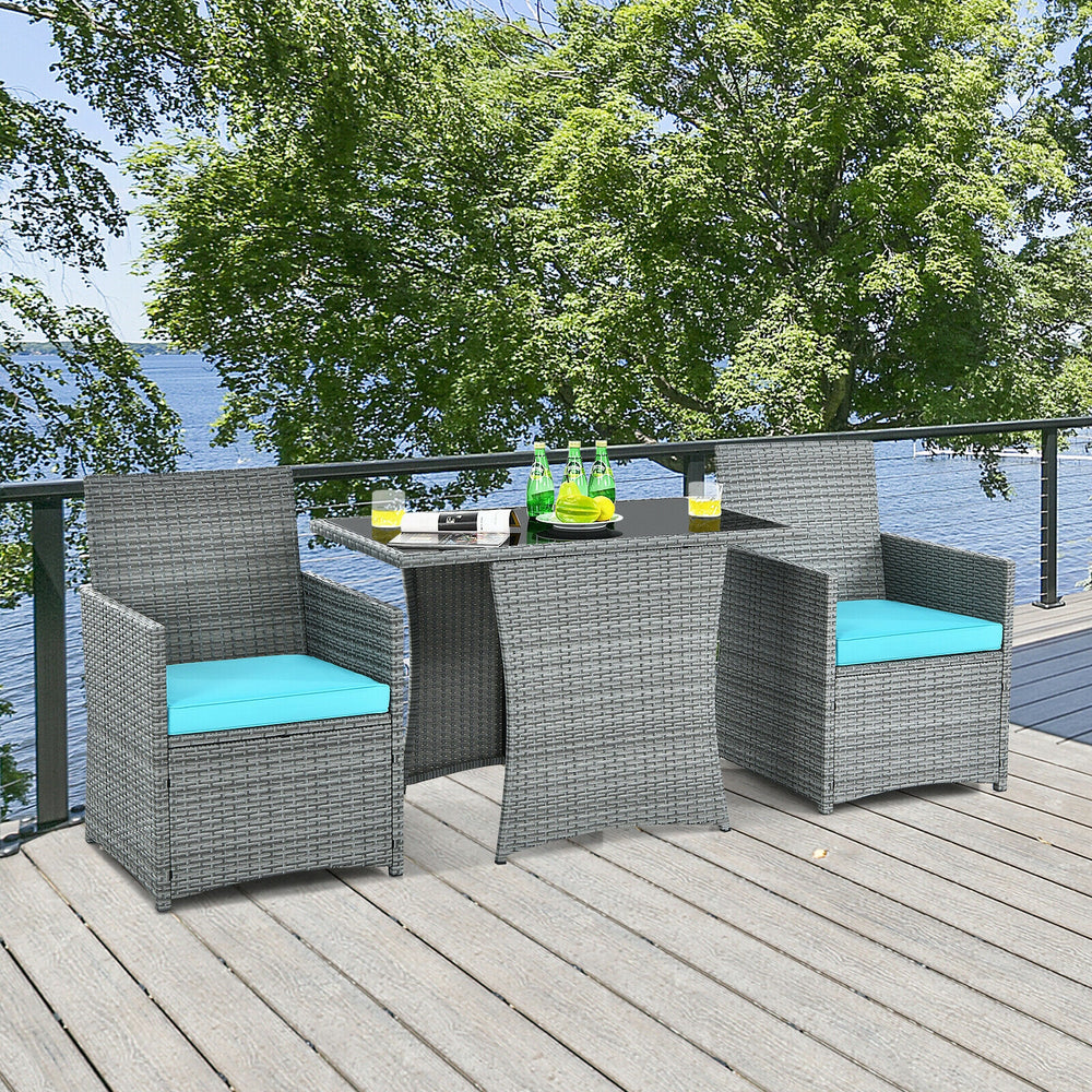 Costway Patio Rattan Furniture Set 3 Pieces with Tempered Glass Table New