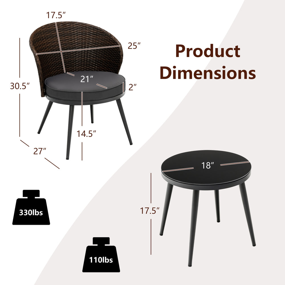 Costway Patio Bistro Set Rattan 3 Pieces with Seat Cushions and Tempered Glass Tabletop New