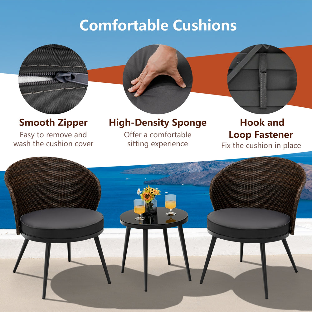 Costway Patio Bistro Set Rattan 3 Pieces with Seat Cushions and Tempered Glass Tabletop New