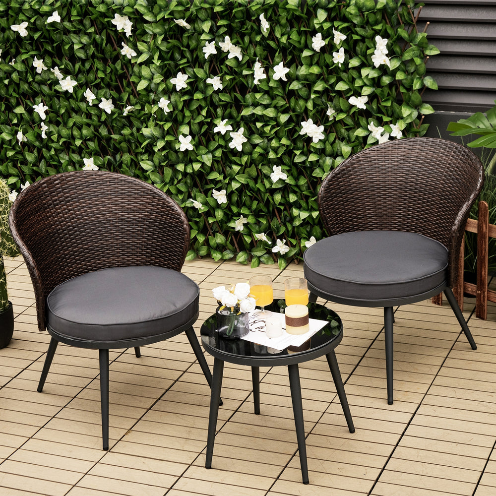 Costway Patio Bistro Set Rattan 3 Pieces with Seat Cushions and Tempered Glass Tabletop New