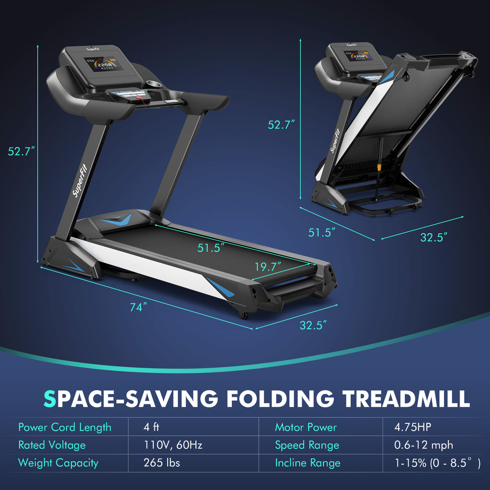 Costway Treadmill with App and Auto Incline Foldable 12 MPH Max Speed 4.75 HP New