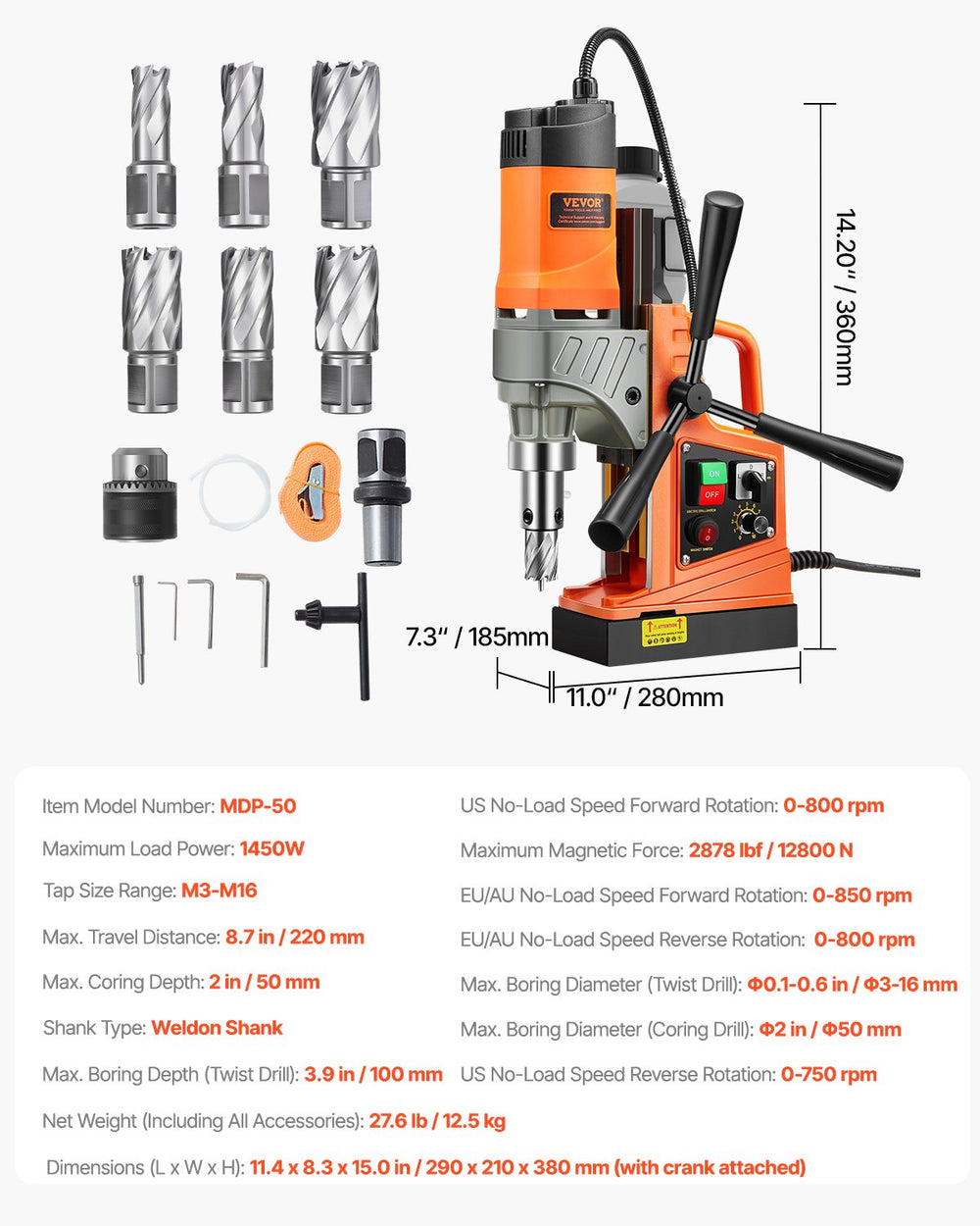 Vevor Magnetic Drill 1450W 12800N Portable Drill Press 800 RPM New