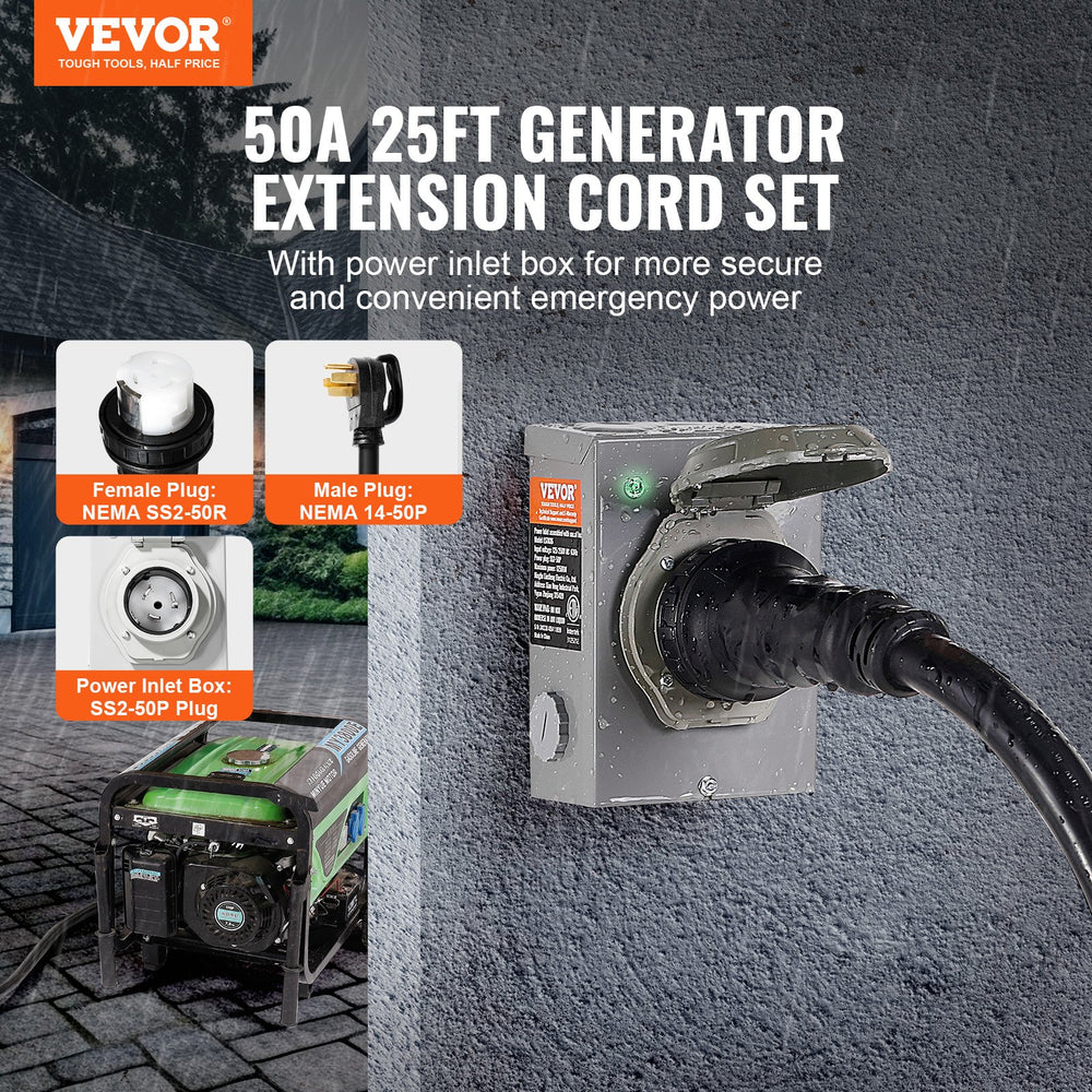 Vevor Generator Cord and Power Inlet Box Kit 50 Amp 25FT NEMA 14-50P/SS2-50R w/ Twist Lock Connector New