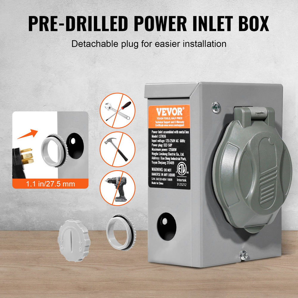Vevor Generator Cord and Power Inlet Box Kit 50 Amp 25FT NEMA 14-50P/SS2-50R w/ Twist Lock Connector New
