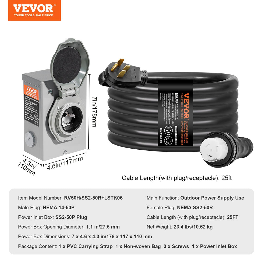 Vevor Generator Cord and Power Inlet Box Kit 50 Amp 25FT NEMA 14-50P/SS2-50R w/ Twist Lock Connector New