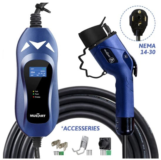 Mustart Power Level 2 EV 25A 25' Cable NEMA 14-30 Portable Charger New