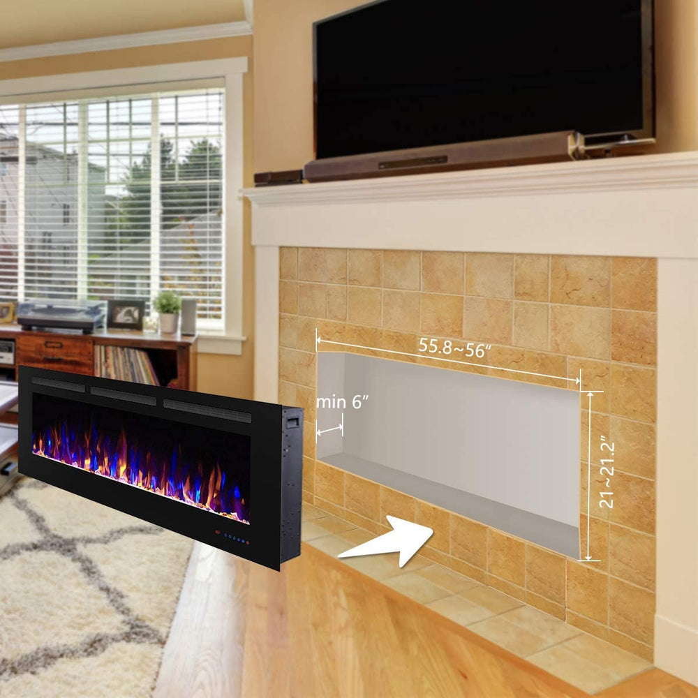 Valuxhome BI60 60 in. 750/1500W Recessed and Wall Mounted Electric Fireplace with Remote LED Lights Logs and Crystals Black New