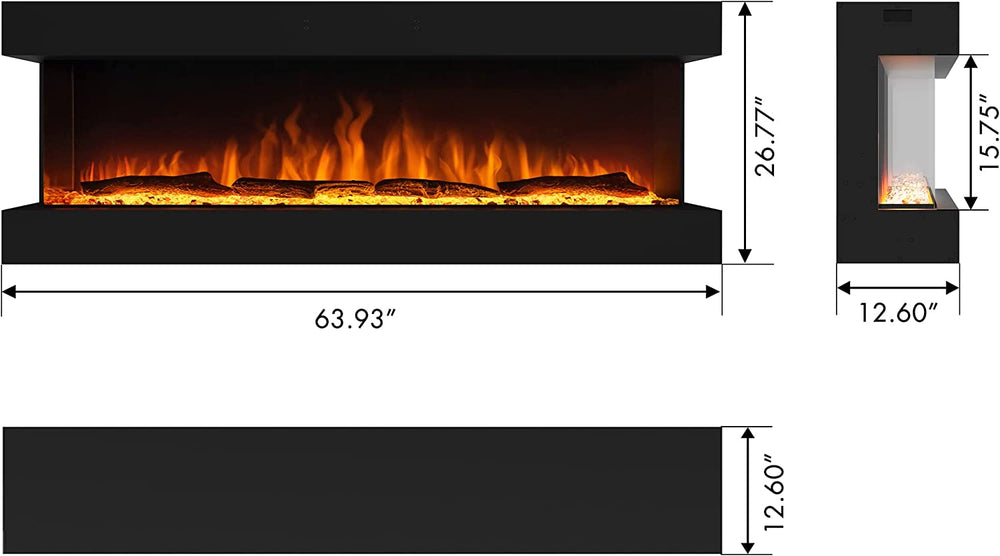 Valuxhome TS60 64 in. 1500W 3-Sided Recessed and Wall Mounted Electric Fireplace with Remote LED Lights Logs and Crystals Black New