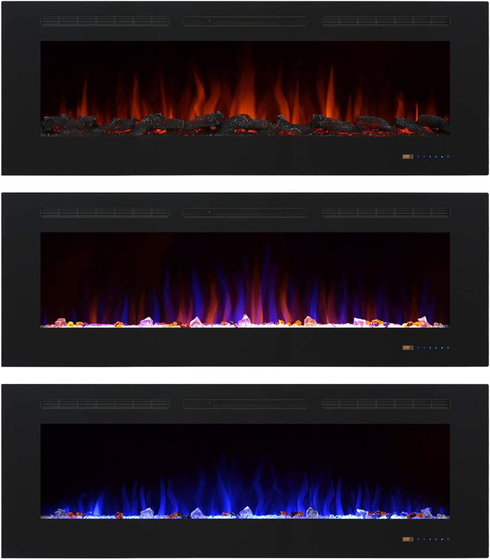 Valuxhome BI60 60 in. 750/1500W Recessed and Wall Mounted Electric Fireplace with Remote LED Lights Logs and Crystals Black New