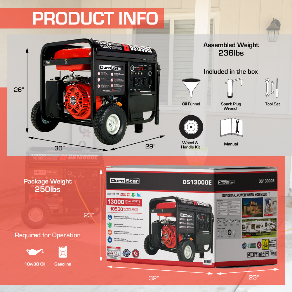 DuroMax / DuroStar DS13000E 10500W/13000W Electric Start Gas Generator New (Red Version of XP13000E)