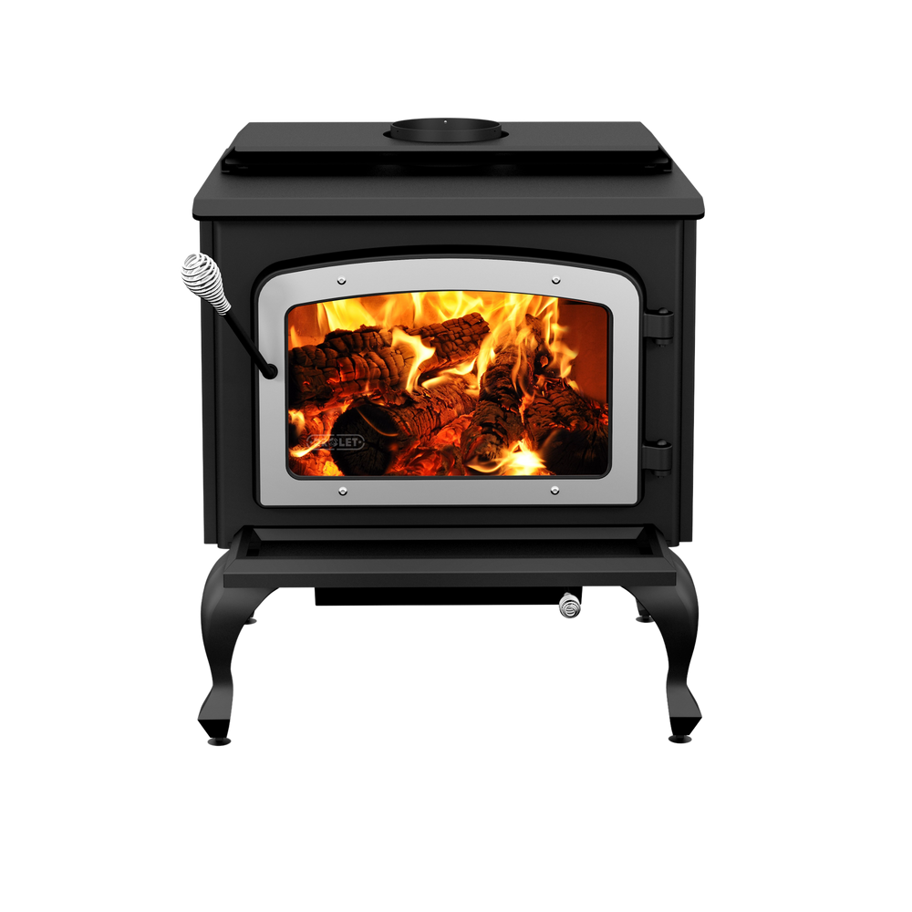 Drolet Escape 1800 2,100 Sq. Ft. Wood Stove Cast Iron Legs With Brushed Nickel Door New